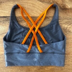 Lululemon Energy Bra Long Line Gray w/ Orange Straps Size 4